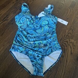 Perona Blue Paisley Print Ruffle Trim One Piece Swimsuit Women's Size 18 New